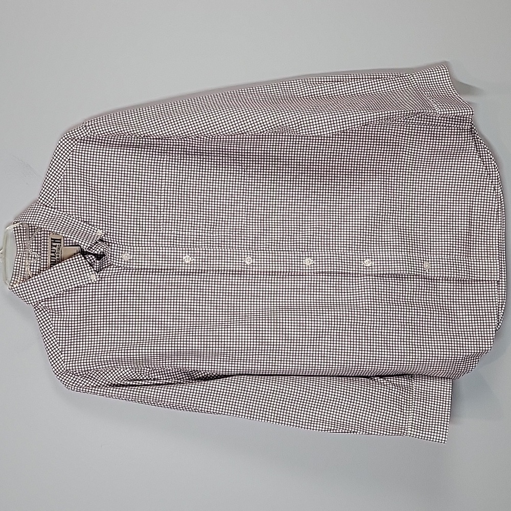 64508 Duluth Trading Wrinkle Fighter white brown plaid long sleeve button down